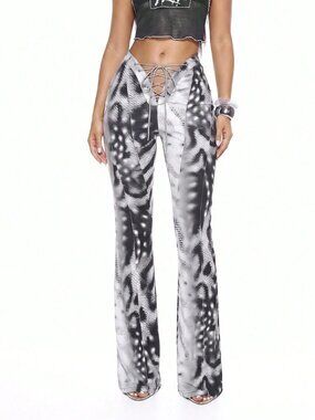 Black Casual Women's Mixed Print Tie Front Flared Low Waist Skinny Jeans